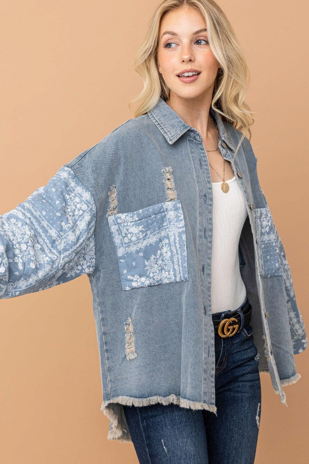 And The Why Full Size Paisley Print Quilted Sleeves Denim Jacket | Daverri Fashions