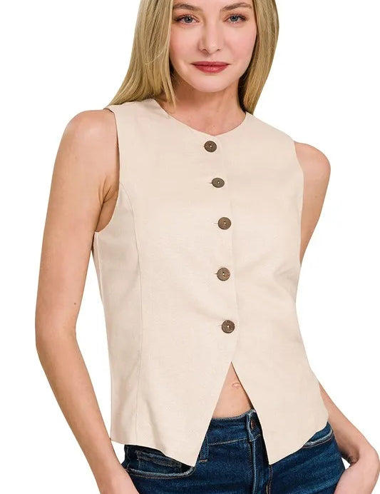 SAND BEIGE Zenana Linen Button Down Vest | Daverri Fashions