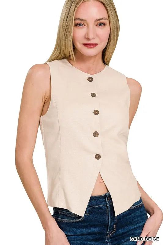 Zenana Linen Button Down Vest SAND BEIGE