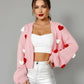 Pink Womens Puff Hearts Open Front Cardigan with red white hearts