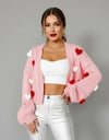 Pink Womens Puff Hearts Open Front Cardigan with red white hearts
