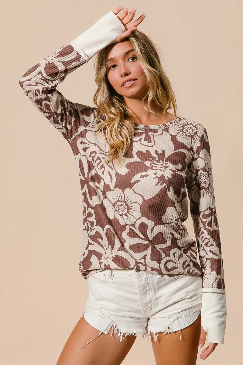 BiBi Flower Printed Waffle Thumb Opening Top MOCHA Tops