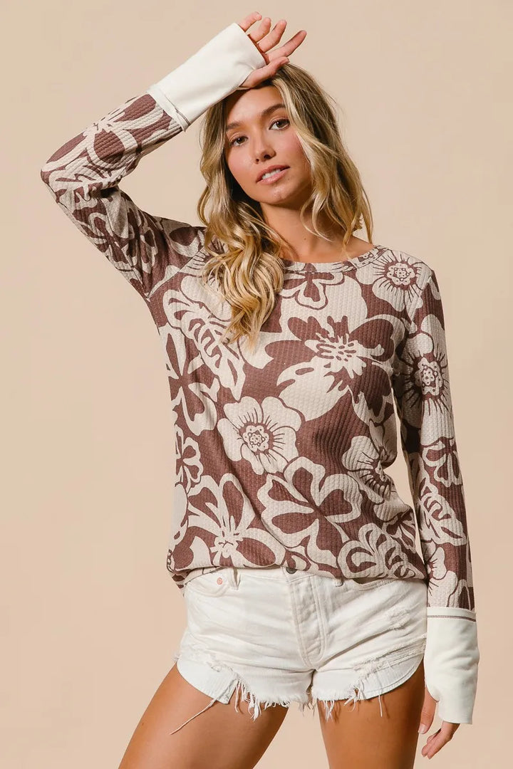 BiBi Flower Printed Waffle Thumb Opening Top MOCHA Tops