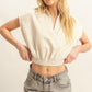 HYFVE Striped Elastic Hem Johnny Collar Cap Sleeve Blouse Tan Blouses
