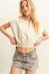 HYFVE Striped Elastic Hem Johnny Collar Cap Sleeve Blouse Tan Blouses