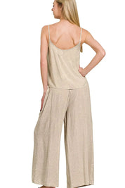 Zenana Ash Mocha Woven Acid Crinkle Washed Cami & Pants 2 Piece Set | Outfit Sets Daverri Fashions