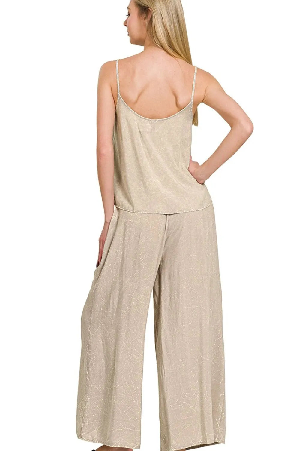 Zenana Ash Mocha Woven Acid Crinkle Washed Cami & Pants 2 Piece Set Outfit Sets