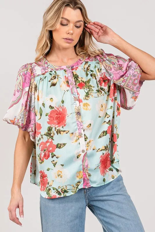 SAGE+FIG Plus Size Floral Mineral Wash French Terry Button Up Shirt | Daverri Fashions