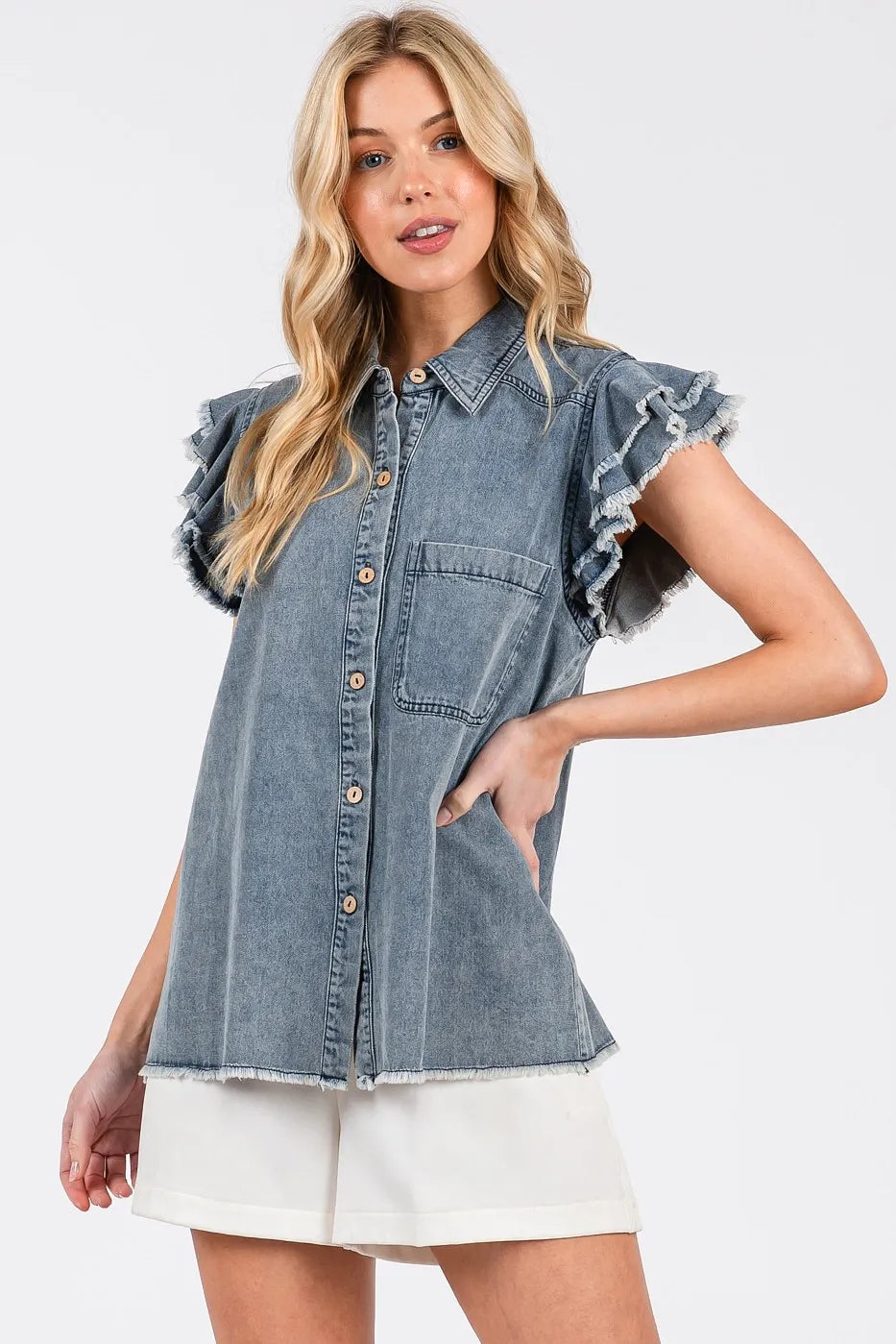 Mittoshop Washed Denim Ruffle Short Sleeve Collared Shirt | Shirts Daverri Fashions