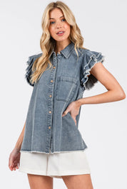 Mittoshop Washed Denim Ruffle Short Sleeve Collared Shirt | Shirts Daverri Fashions