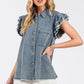 Mittoshop Washed Denim Ruffle Short Sleeve Collared Shirt - DAVERRI FASHIONS