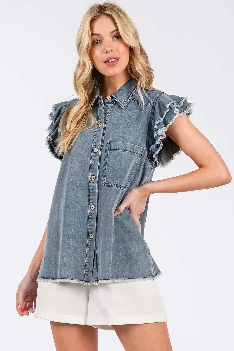 Mittoshop Washed Denim Ruffle Short Sleeve Collared Shirt - DAVERRI FASHIONS