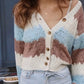 Cozy color block button up cardigan in cream, blue, brown stripes