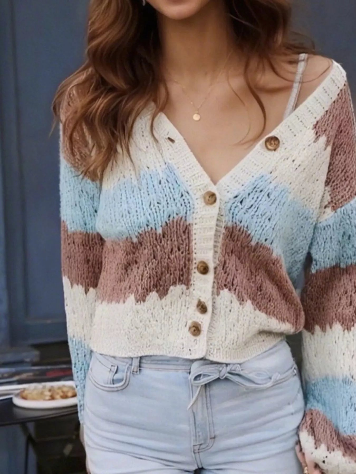 Cozy color block button up cardigan in cream, blue, brown stripes