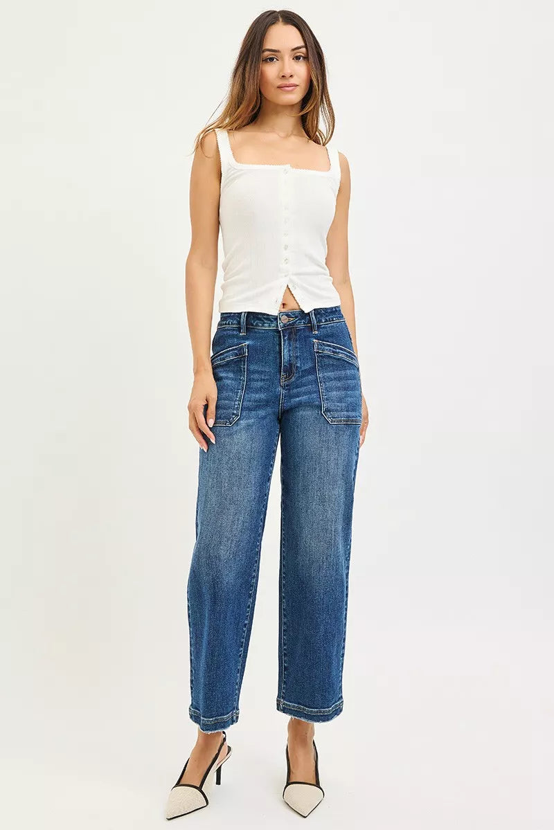RISEN blue high-waist wide-leg slouchy cropped baggy jeans