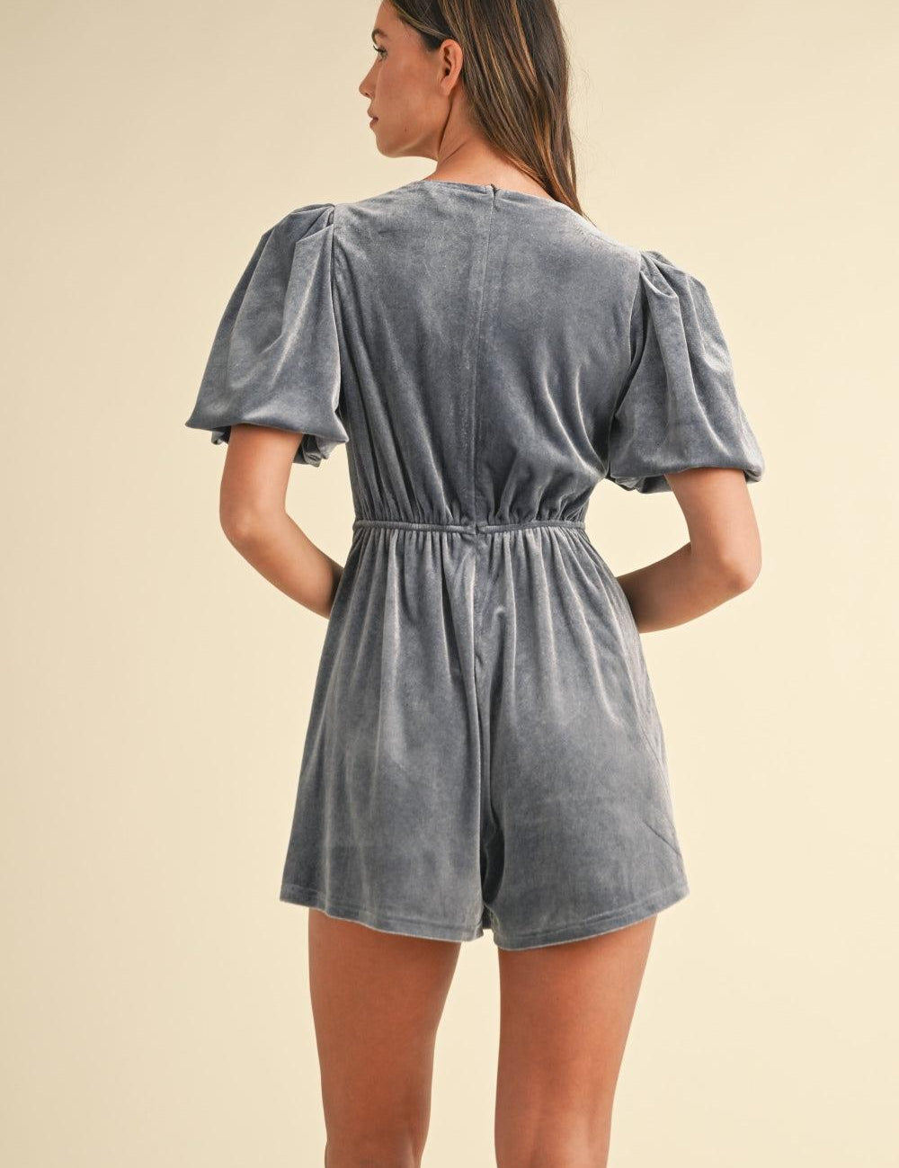 Mable Jewel Bow Decor Puff Sleeve Velvet Romper | Daverri Fashions