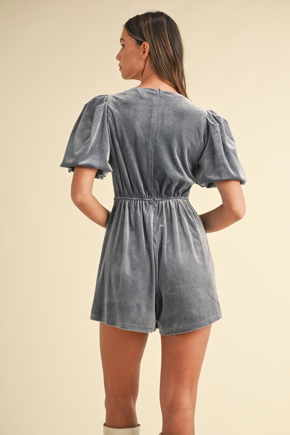 Mable Jewel Bow Decor Puff Sleeve Velvet Romper | Daverri Fashions