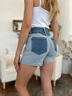 Judy Blue full size color block high-waisted denim shorts, two-tone
