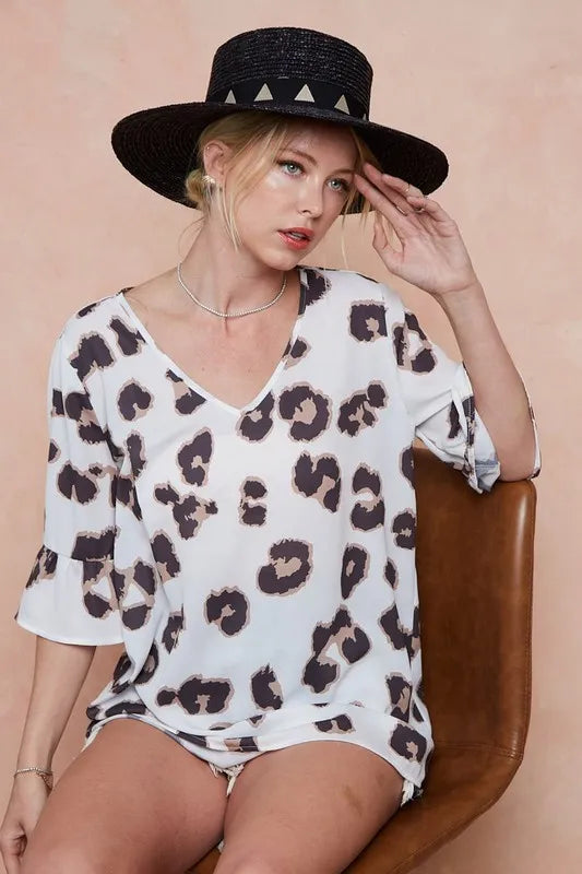 BiBi Leopard Printed V Neck Woven Top with Ruffled | Blouses Daverri Fashions