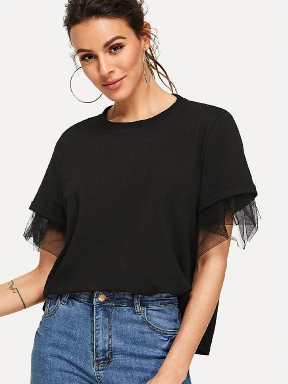 Round neck short sleeve top with black sheer tulle sleeves