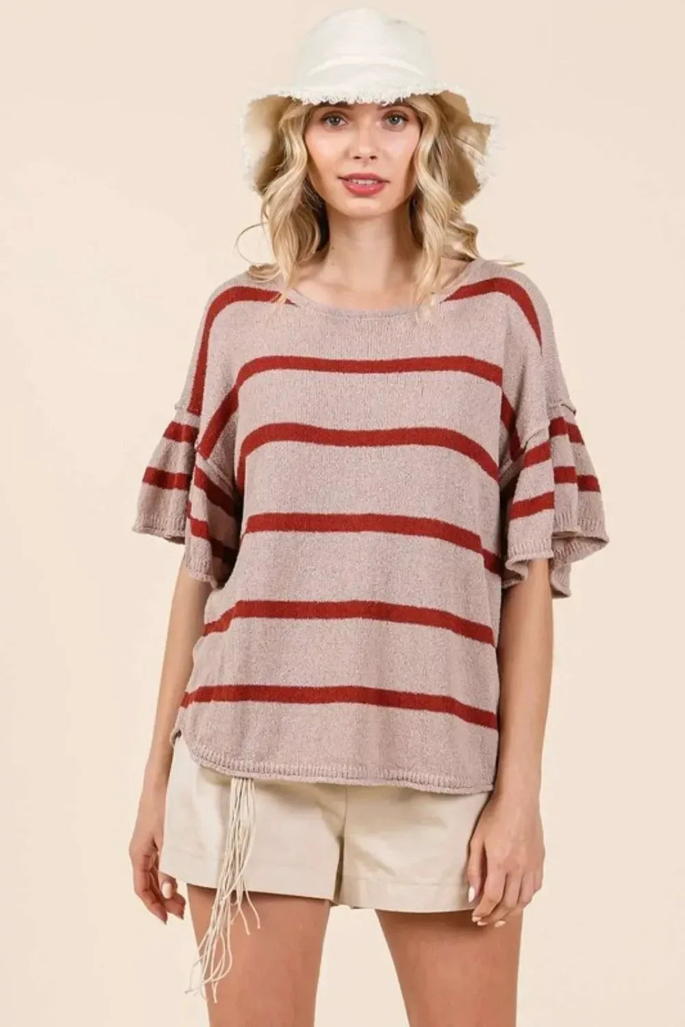 Mittoshop Striped Flounce Sleeve Knit Top - DAVERRI FASHIONS