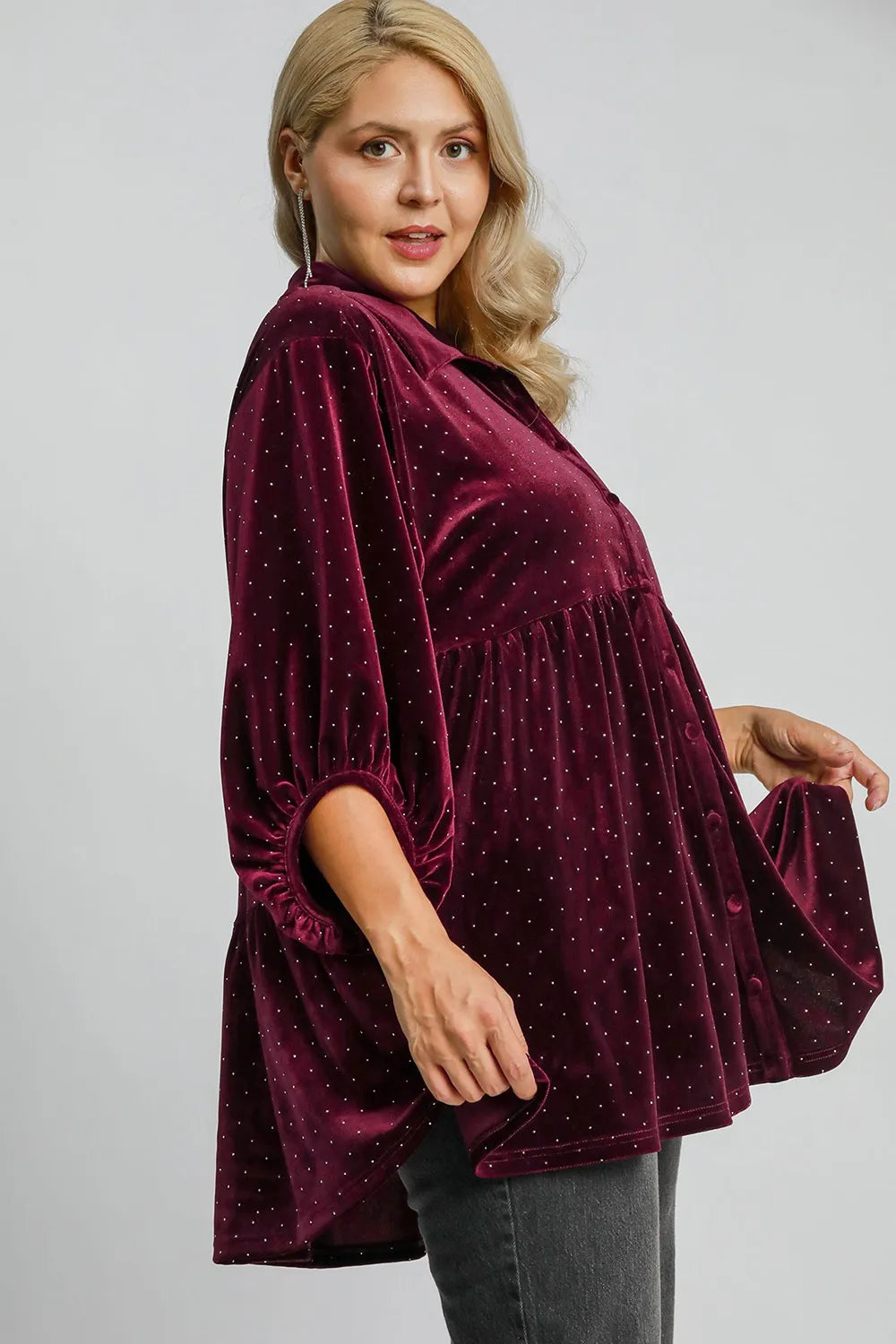 Umgee Full Size Polka Dot Button Up Half Sleeve Shirt | Daverri Fashions
