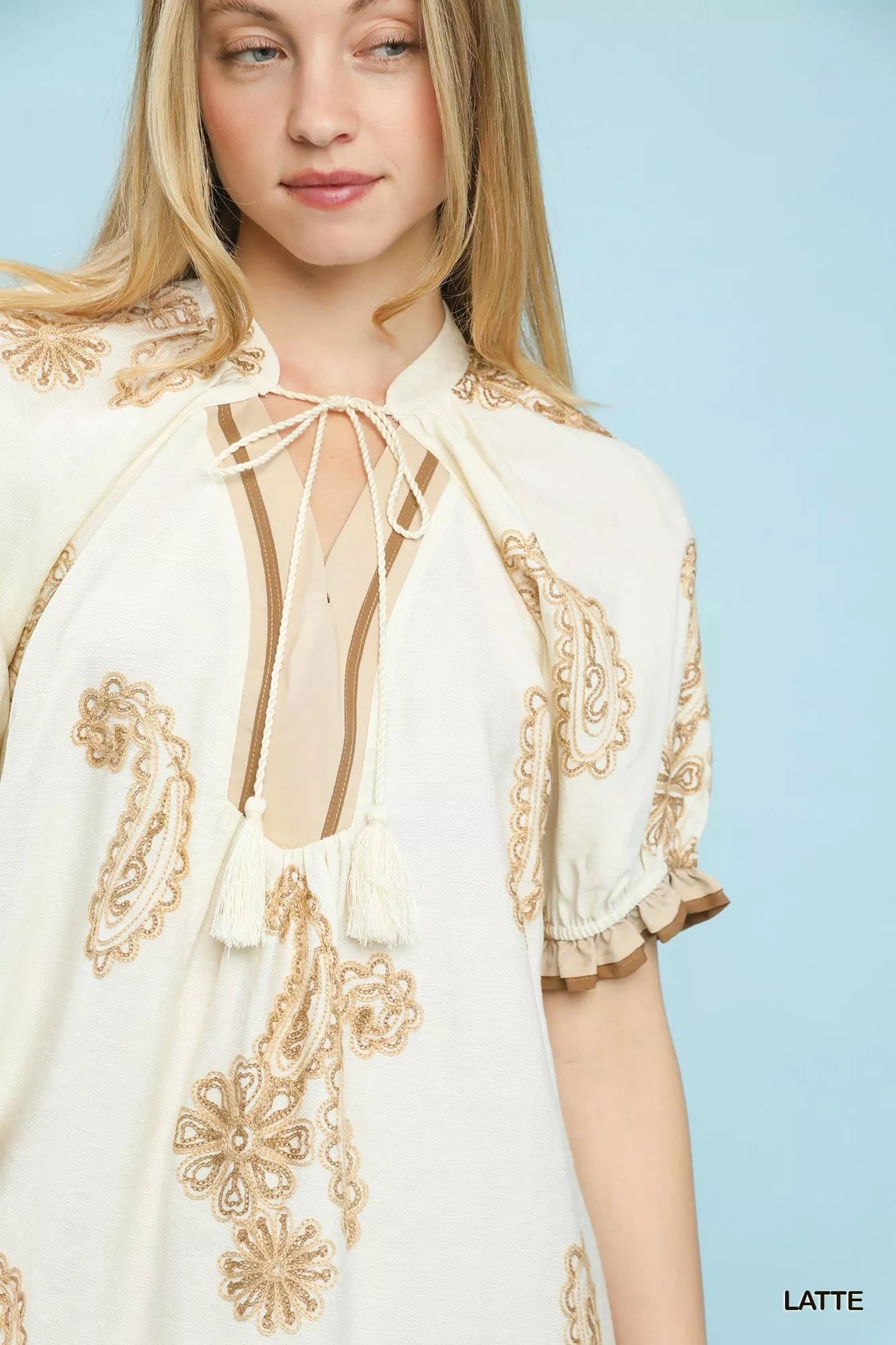 Umgee Paisley embroidered cream top with gold details and ruffled sleeves