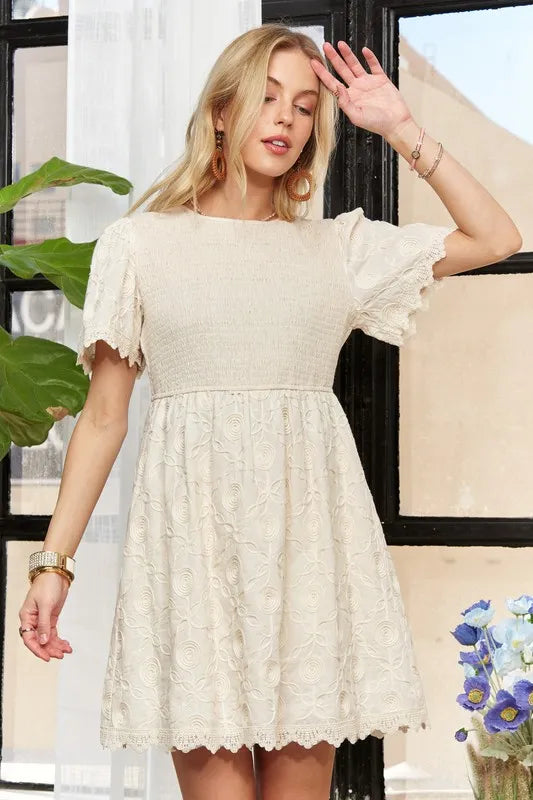 ADORA Rround Neck Crinkle Babydoll Dress Mini Dresses