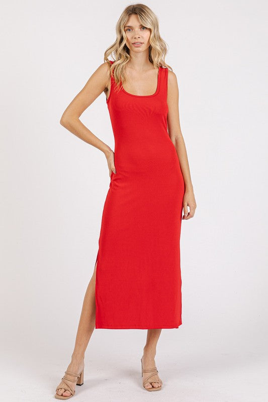 Mittoshop Side Slit Wide Strap Midi Tank Dress Red