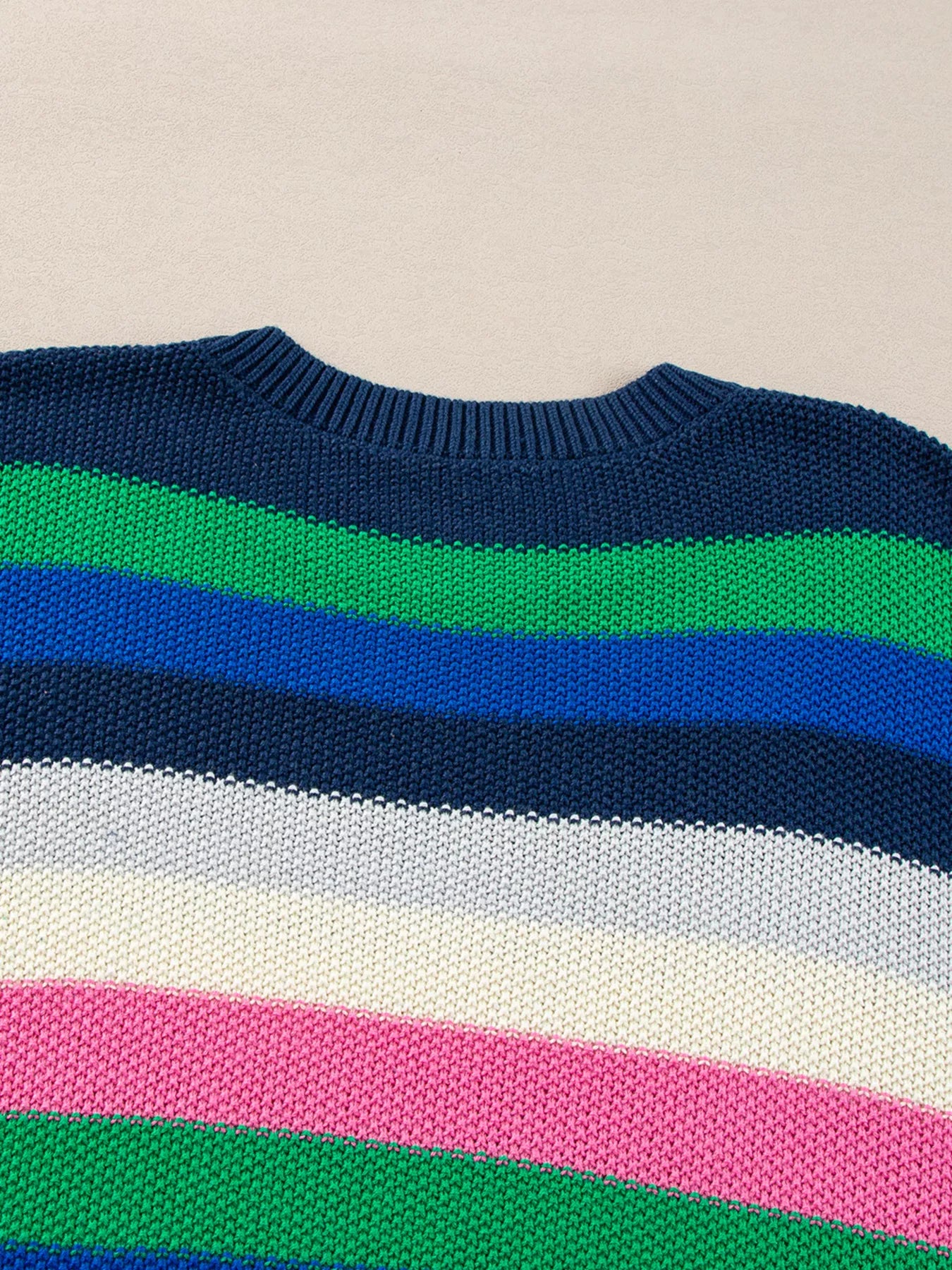 Rainbow striped crew neck drop shoulder sweater with ribbed cuffs