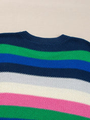 Rainbow striped crew neck drop shoulder sweater with ribbed cuffs