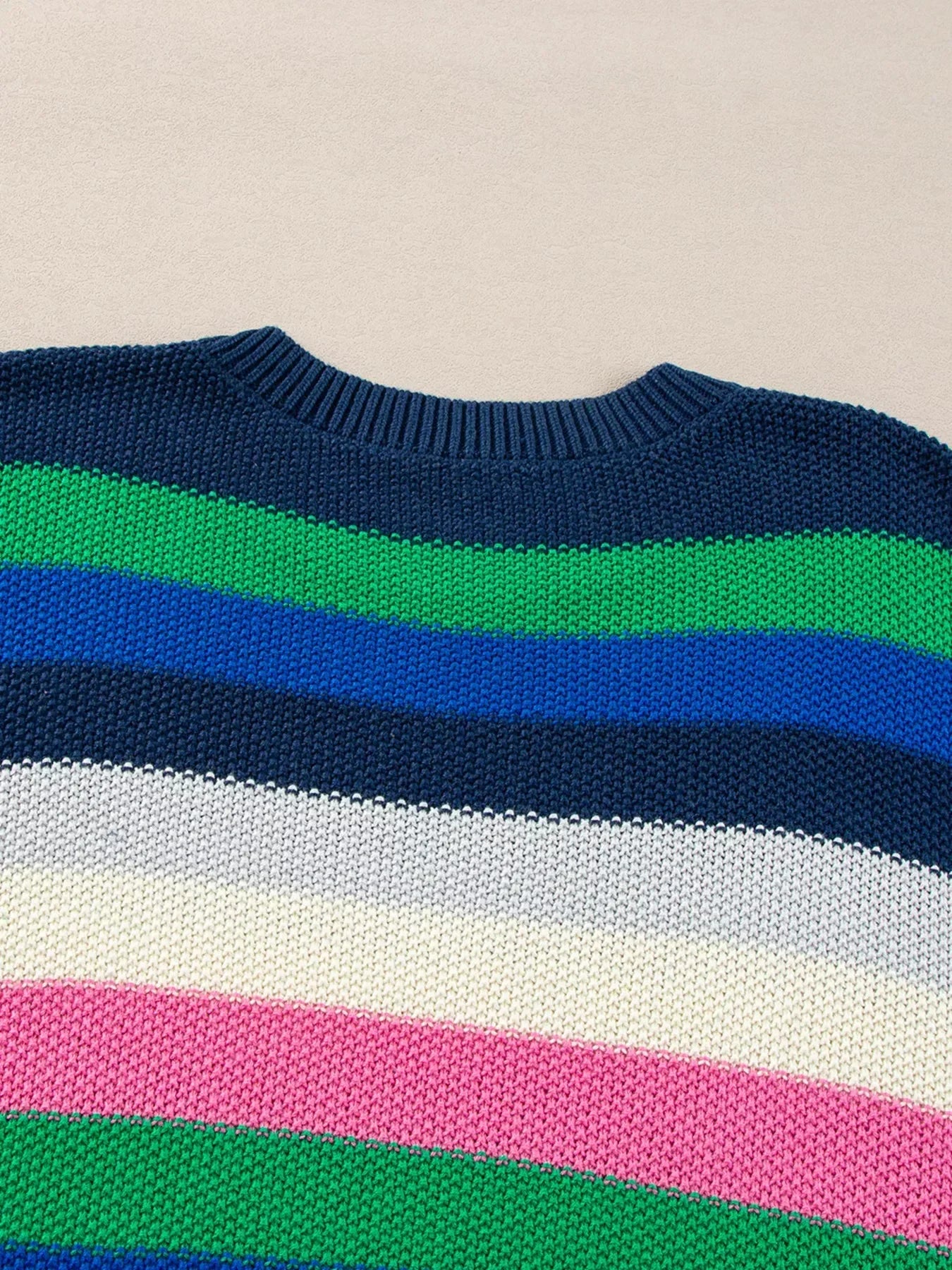 Rainbow Striped Crew Neck Drop Shoulder Sweater - DAVERRI FASHIONS