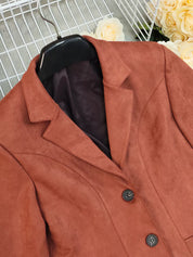 Rust-colored leather button-up lapel collar blazer with black lining