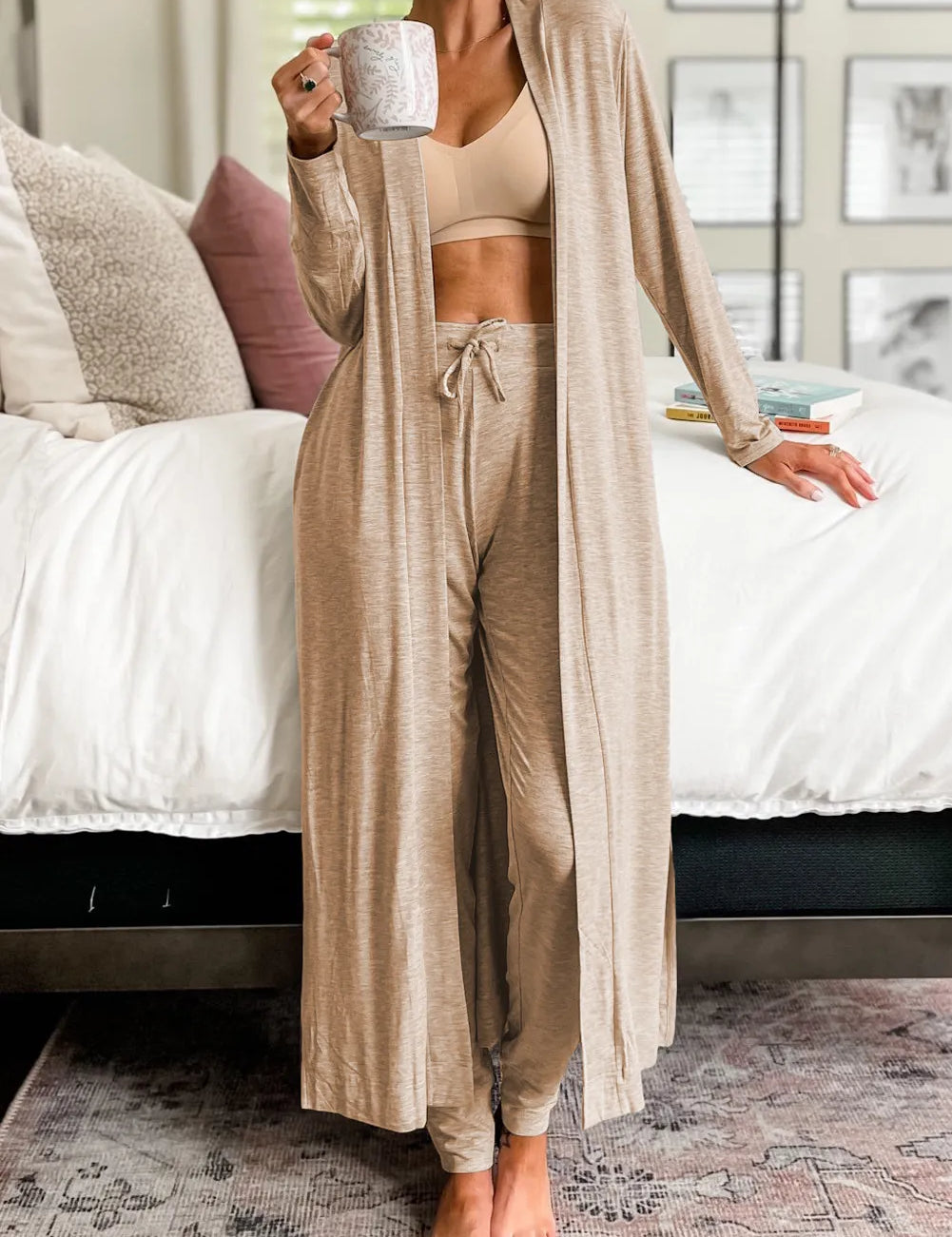 Tan Open Front Long Sleeve Cardigan and Pants Lounge Set | Loungewear Sets Daverri Fashions