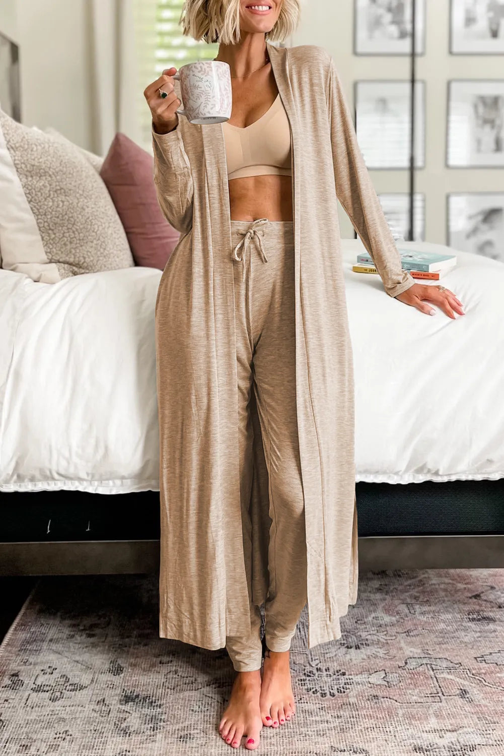 Tan Open Front Long Sleeve Cardigan and Pants Lounge Set | Loungewear Sets Daverri Fashions
