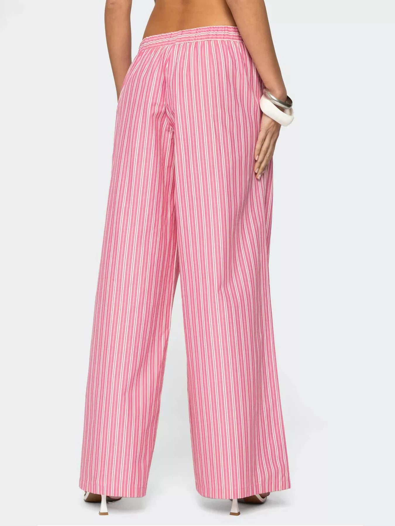 Pink and white striped high-waist wide-leg pants