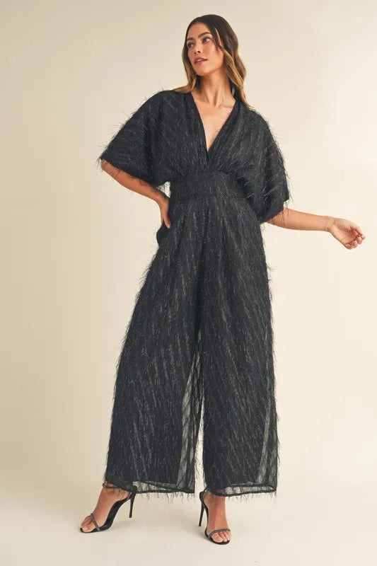 MABLE Fluffy Deep V Neck Wide Leg Jumpsuit Jumpsuits