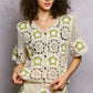 Cream crochet V-neck cardigan with green star patterns