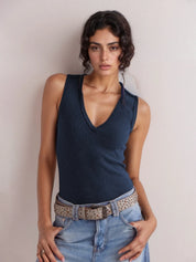 Navy Solid V-Neck Tank | Tank Tops Daverri Fashions