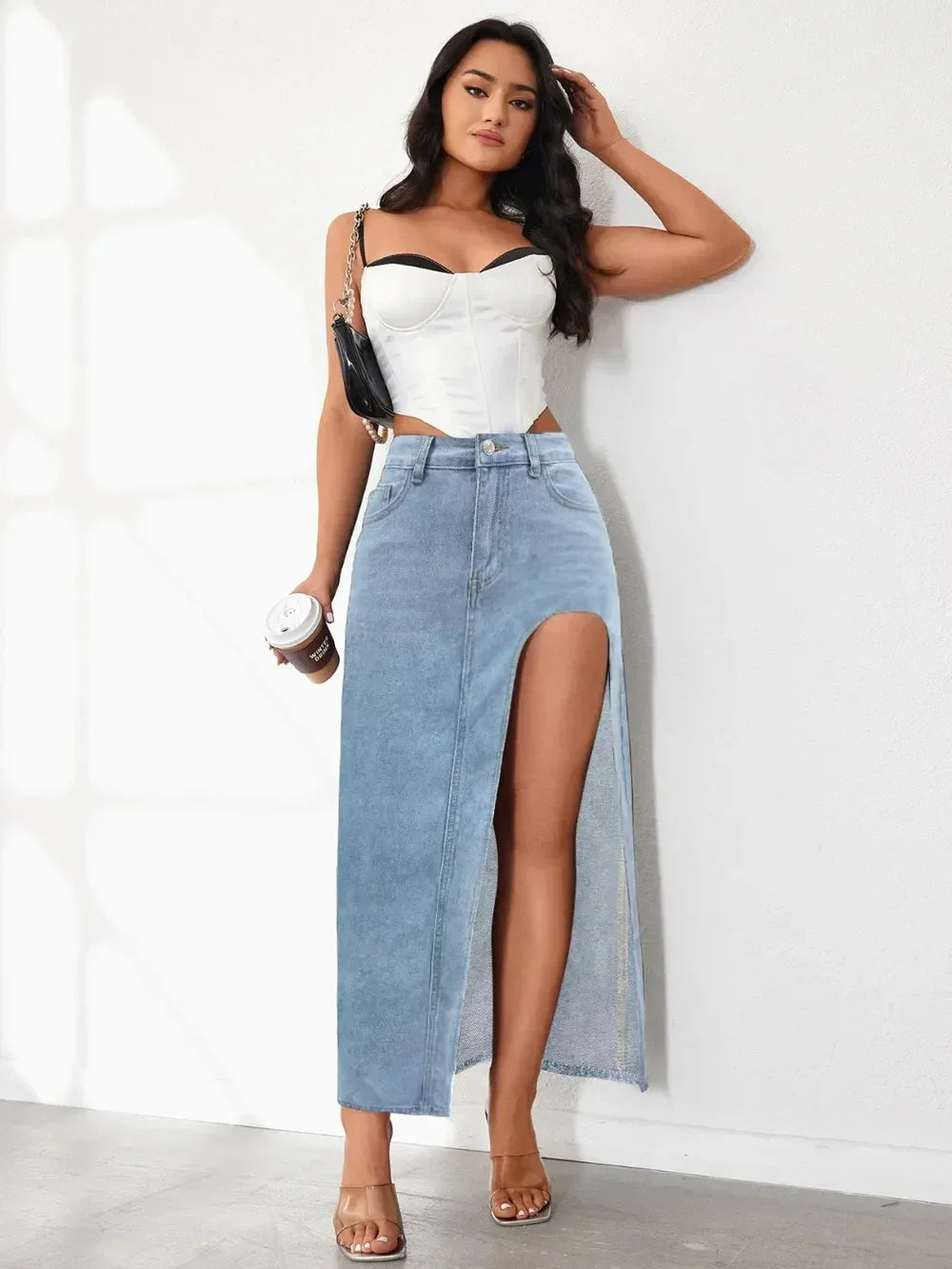 High Rise Slit Denim Skirt - DAVERRI FASHIONS
