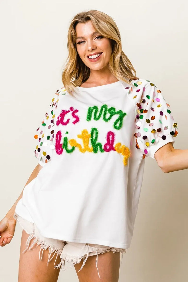 BiBi Metallic Letter Spangle Raglan Puff Sleeve Top Tops
