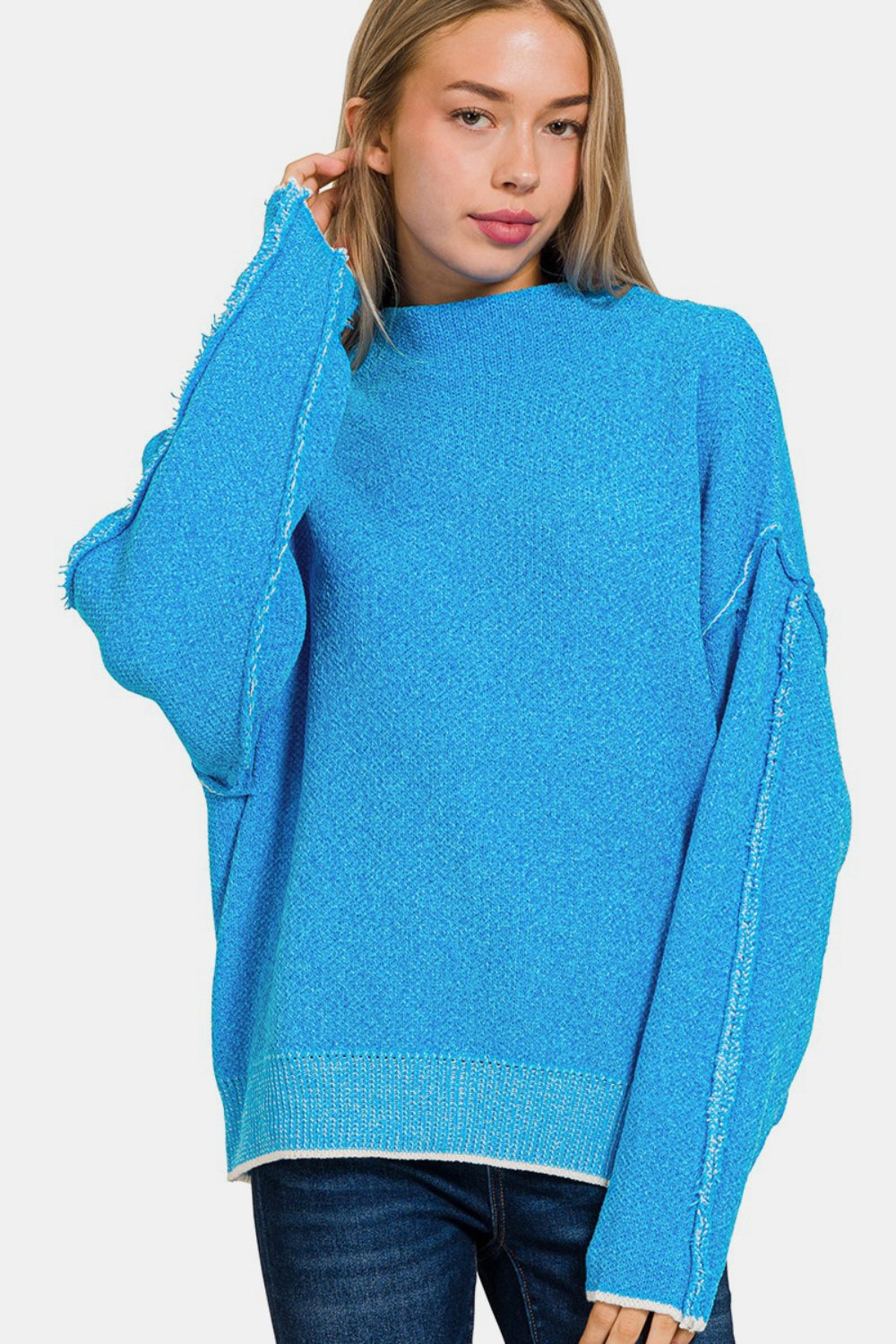 Exposed Seam Mock Neck Long Sleeve Sweater Deep Sky L XL Tops