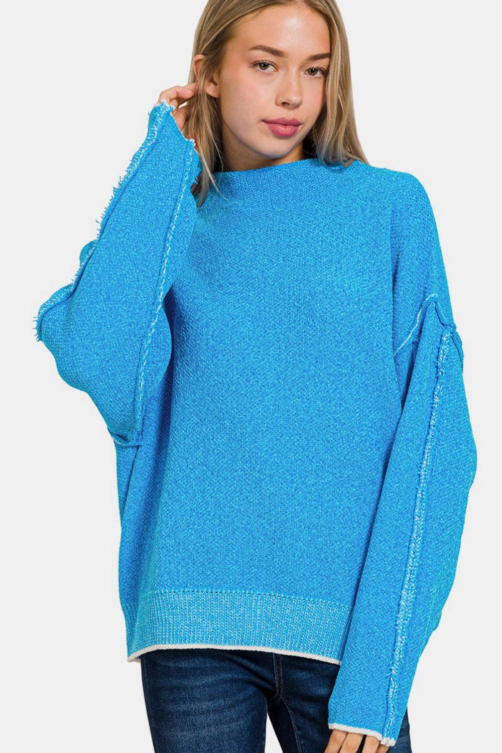 Exposed Seam Mock Neck Long Sleeve Sweater Deep Sky L XL Sweaters