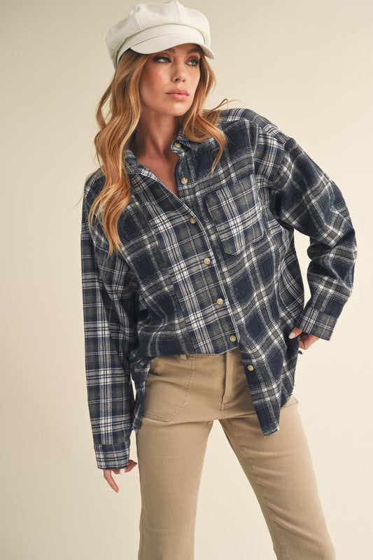 Aemi + Co Frayed Hem Plaid Button Up Flannel Shirt Shirts