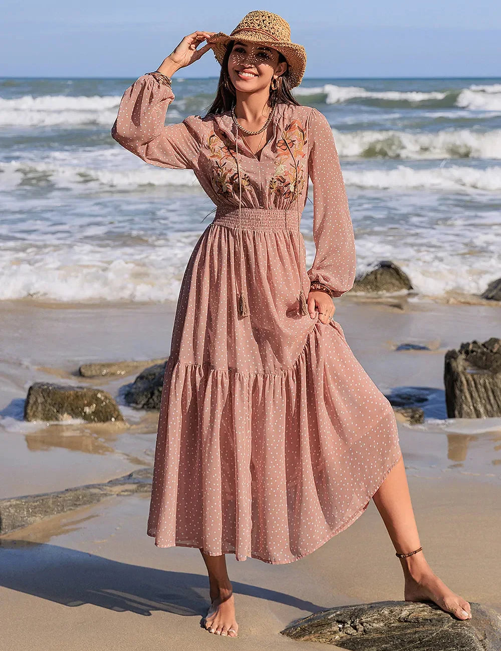 Rose pink embroidered polka dot lace midi dress with ruffles