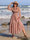 Embroidered Polka Dot Tie Neck Long Sleeve Midi Dress - DAVERRI FASHIONS