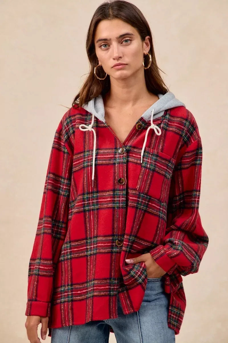 BiBi Brushed Plaid Hooded Jacket - DAVERRI FASHIONS