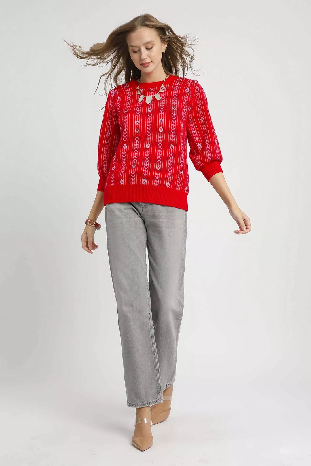 Umgee Jacquard Knit Puff Sleeve Sweater | Sweaters Daverri Fashions