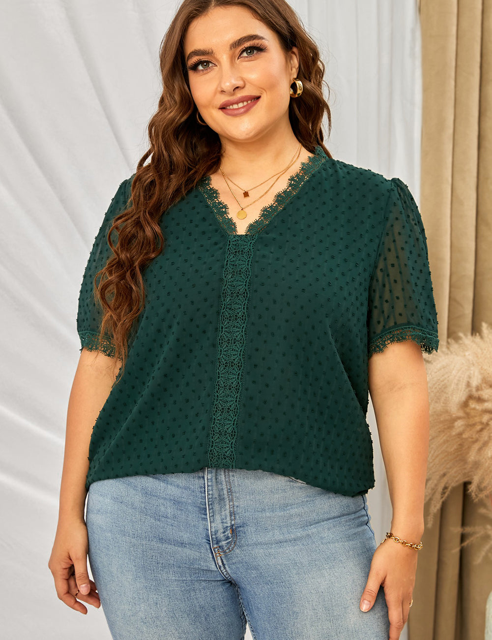 Plus Size Swiss Dot Spliced Lace V-Neck Blouse | Blouses Daverri Fashions