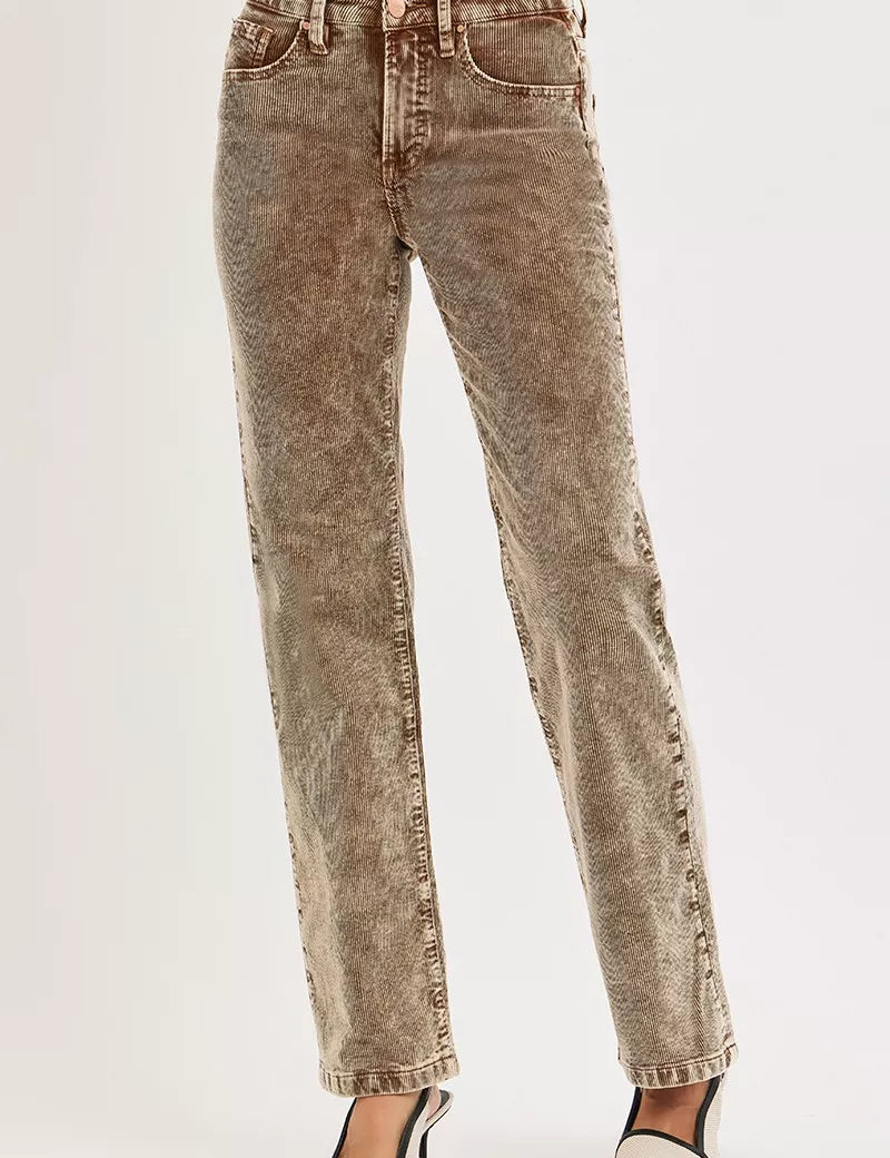 MOCHA RISEN Tummy Control Mid Rise Straight Leg Corduroy Pants | Pants Daverri Fashions
